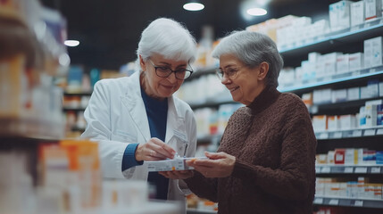 Senior female pharmacist holding a box and explaining medicine dosage to a senior female customer in a pharmacy
