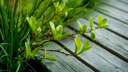 Obraz premium Green leaves on twigs, sward and wooden planks background