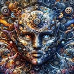 Fototapeta premium Digital art piece depicting a stylized face with intricate patterns and mechanical elements resembling a futuristic circuit board