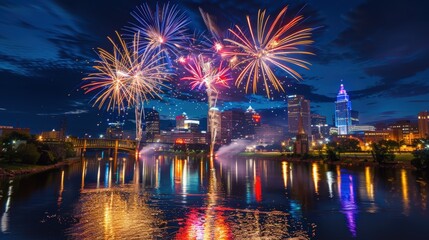 Naklejka premium Columbus Day Fireworks Over City Skyline at Night - Vibrant Celebratory Display for Holiday Decor