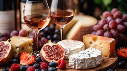 A variety of cheese and fresh fruits aesthetically arranged with two glasses of rosé wine on a wooden barrel, ideal for a picturesque gourmet experience filled with flavors.