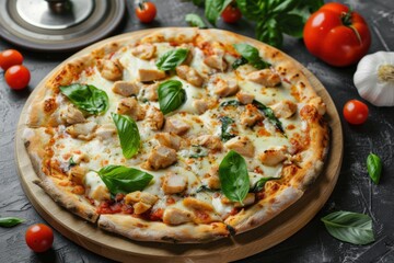 Fresh Margherita Pizza with Basil Mozzarella Cheese Cherry Tomatoes Italian Cuisine Homemade Authentic Restaurant Food Delicious Gourmet Meal
