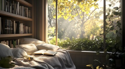 A cozy reading nook with soft cushions and a warm blanket, bathed in natural light, inviting viewers to unwind with a book