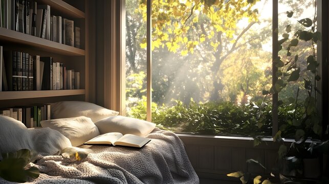 A cozy reading nook with soft cushions and a warm blanket, bathed in natural light, inviting viewers to unwind with a book
