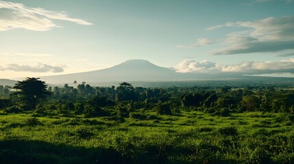Fototapeta premium A serene landscape featuring Mount Kilimanjaro surrounded by lush greenery, with a clear sky and ample copy space for text
