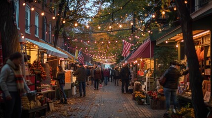 Columbus Day Street Market at Dusk with Festive String Lights and Autumn Decor