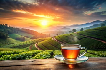 Close-up of a glass cup of tea on a table with tea plantations in the background at dawn
