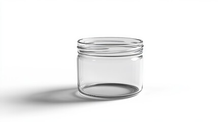Glass jar isolated on a white background. The transparent glass jar has a circular opening at the top. It is used for storing food, drinks, and other items. The jar has a shadow below it