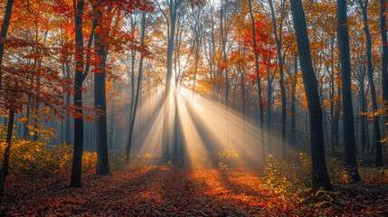 Autumn forest with vivid morning light and sun rays streaming through colorful trees