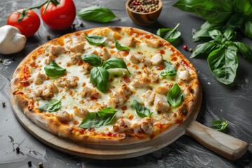 Fresh Margherita Pizza with Basil Mozzarella Cheese Cherry Tomatoes Italian Cuisine Homemade Authentic Restaurant Food Delicious Gourmet Meal