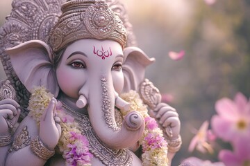 Peaceful image of Lord Ganesha with a flower garland, with soft pastel tones