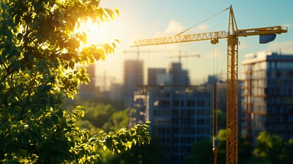 Green tree leaves in the foreground with a large construction crane and building in the blurry background with sunlight.