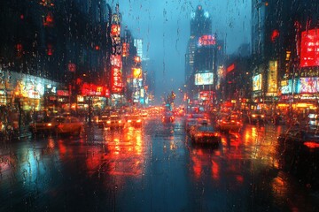 Fototapeta premium A cityscape seen through a rain-soaked window