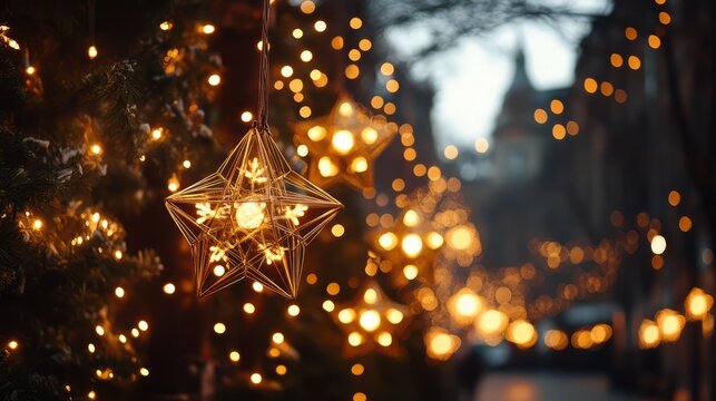 Geometric Christmas light display with intersecting lines and sharp angles, creating a modern, festive scene. 4K hyperrealistic photo.