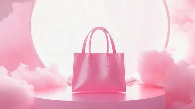 A pink tote bag on a round base with a light pink pastel background.