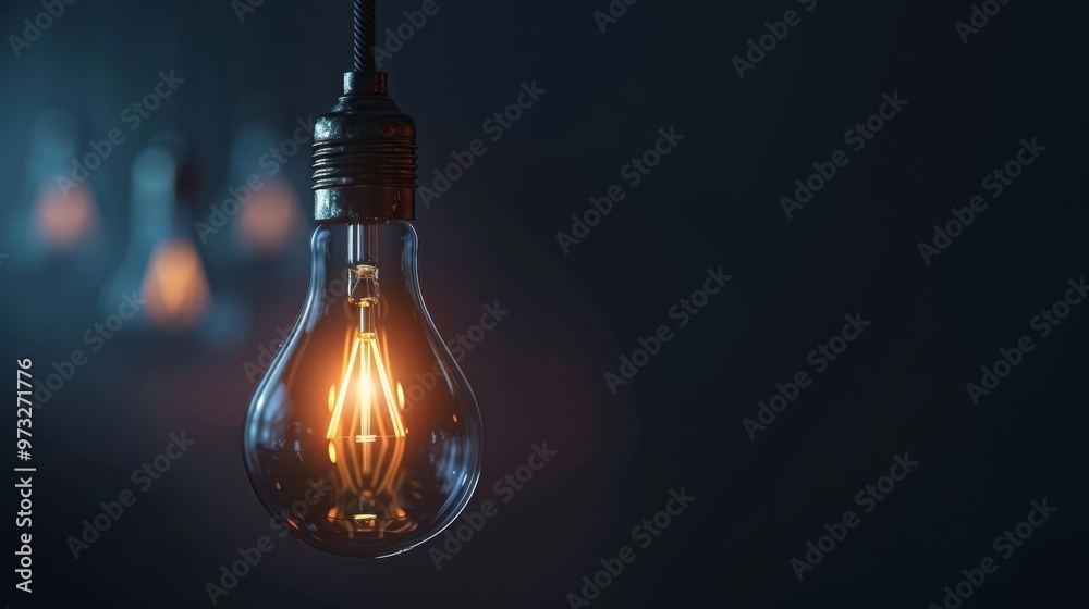 Poster light bulb glowing in a dark room symbolizing belief and ideas close-up photo with clean background