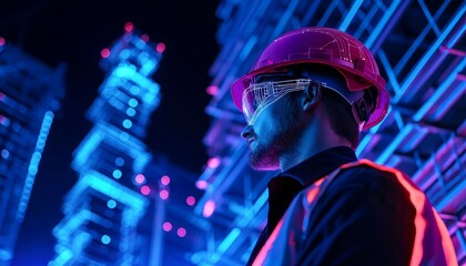 A construction worker in a hard hat and safety gear stands against a futuristic backdrop illuminated with neon lights.