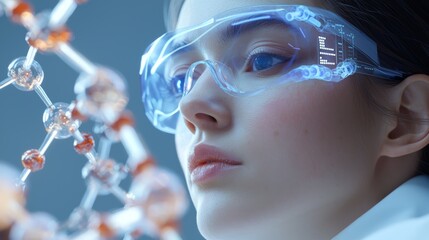 A focused female scientist examines molecular structures with advanced technology, showcasing innovation and dedication in research.