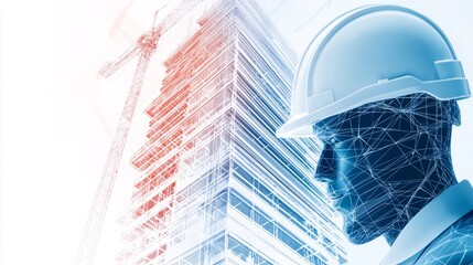 A futuristic construction worker in a safety helmet, symbolizing technology in the construction industry with a modern building backdrop.