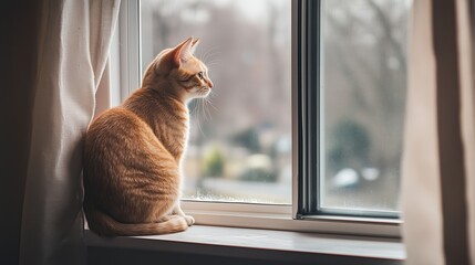 A contemplative orange cat gazes out a window on a quiet, overcast day in a cozy indoor setting