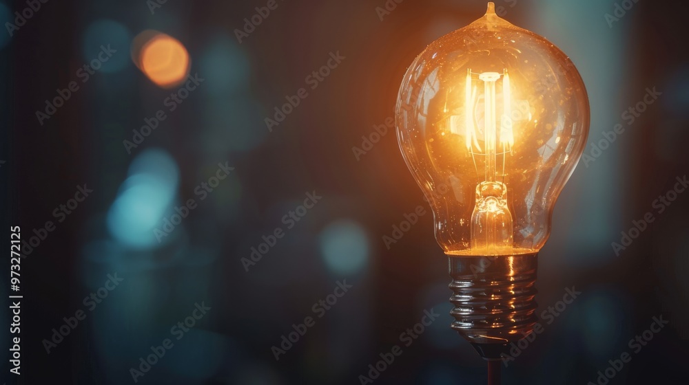 Poster light bulb glowing in a dark room symbolizing belief and ideas close-up photo with clean background