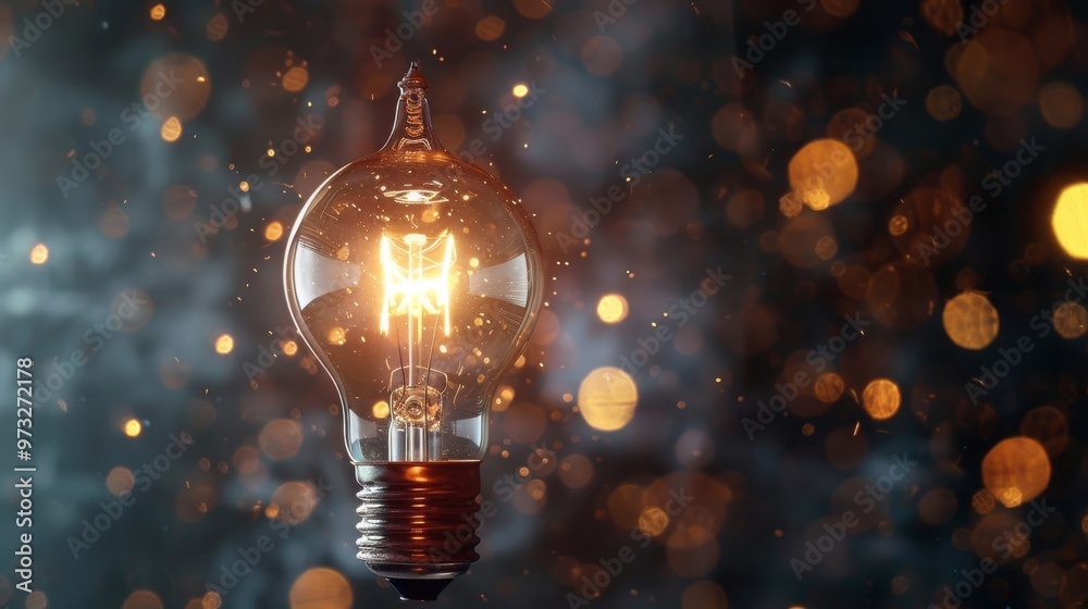 Poster light bulb glowing in a dark room symbolizing belief and ideas close-up photo with clean background