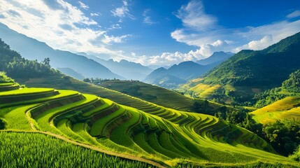 Fototapeta premium Scenic view of rice terraces in Vietnam under a blue sky