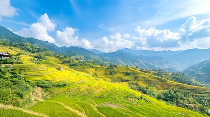 Fototapeta premium Scenic view of rice terraces in Vietnam under a blue sky
