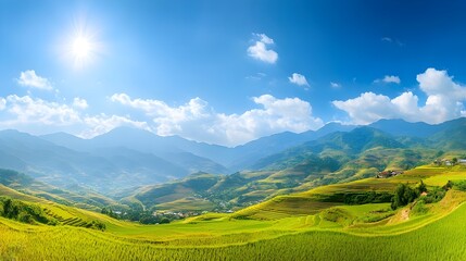 Fototapeta premium Scenic view of rice terraces in Vietnam under a blue sky