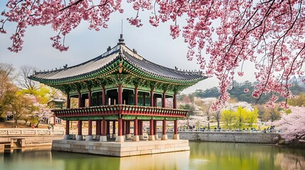 Obraz premium Traditional Asian architecture with cherry blossoms in bloom