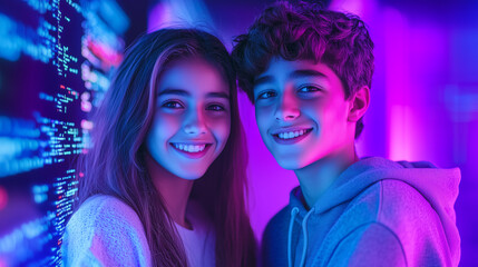 Two young coders bask in the glow of their computer screen, surrounded by lines of code