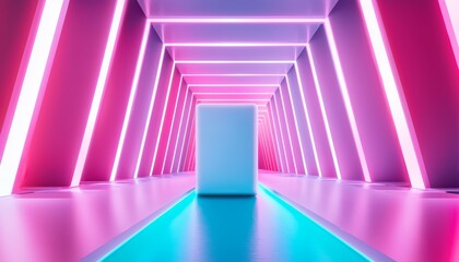 Fototapeta premium A vibrant futuristic corridor featuring neon lights and a central cube, ideal for innovative and creative projects.
