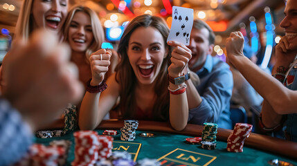 A group of friends celebrate a win at a poker table.  The woman in the center holds her cards up with a look of excitement.