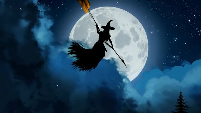 A mysterious witch gracefully flies against a stunning full moon backdrop, holding a flag, surrounded by wispy clouds and a dark night sky, evoking enchantment and magic.