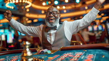 A jubilant man celebrates a win at a casino roulette table, surrounded by the excitement of the game.