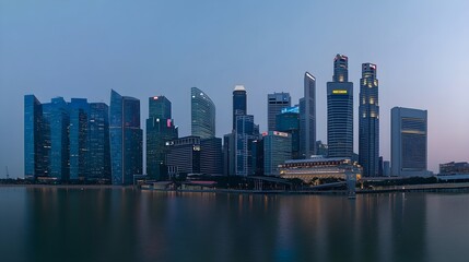 Fototapeta premium A panoramic view of Singapore's skyline at dusk with modern skyscrapers illuminated against a clear sky