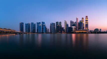 Fototapeta premium A panoramic view of Singapore's skyline at dusk with modern skyscrapers illuminated against a clear sky