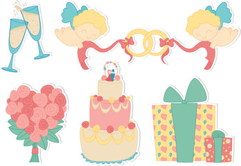 Set of hand drawn wedding stickers.  Little angels, wedding rings, cake, bouquet, gift boxes and glasses 
