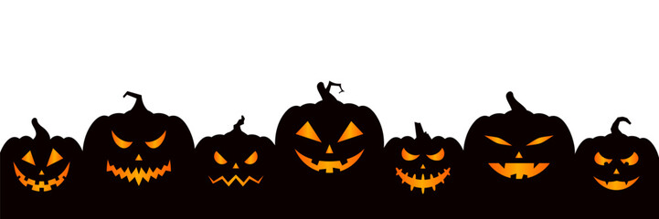 Black silhouette of Halloween pumpkins on a white background. Halloween pumpkins with scary and funny faces. Scary faces and ghosts for Halloween greeting cards, invitations, and web banners. Vector