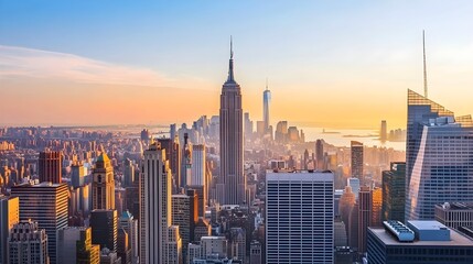Fototapeta premium A panoramic view of the New York skyline during sunset, highlighting iconic skyscrapers with a warm glow against a light solid color background