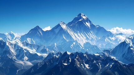 A panoramic view of a mountain range, showcasing peaks covered in snow under a clear blue sky