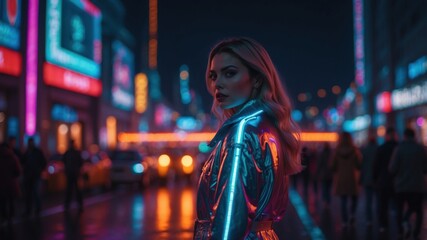 Beautiful futuristic woman in cyberpunk city