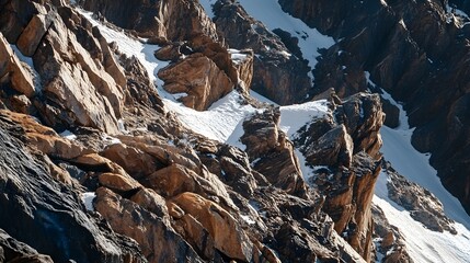 A close-up shot of the rugged terrain of Mont Blanc, highlighting the intricate details of the rocky surface and patches of snow