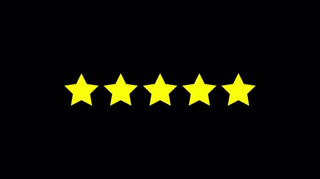 five stars rating concept, yellow 5 Stars Review or rating concept for customer feedback, Five Star Rating Animation, Alpha channel, Transparent Background.