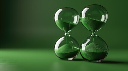 Two glass hourglasses with vibrant green sand, set against a plain green background, highlighting the precision and parallelism in the passage of time in an aesthetic composition.