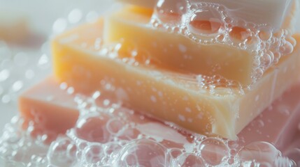 Fototapeta premium Luxurious soap bars with delicate bubbles Close-up photo with clean background