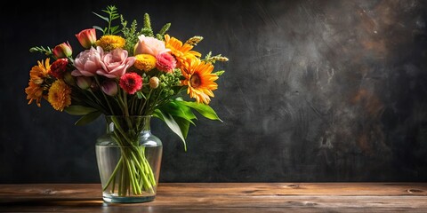 Close-up of flowers in vase on table with leaves and black background © Chanchai