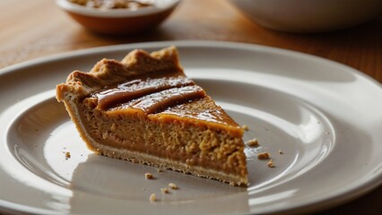 Slice of pumpkin pie with caramel drizzle on a white plate, Thanksgiving leftovers