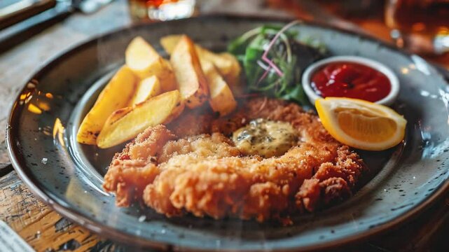 Wiener schnitzel on the table moves with smoke around