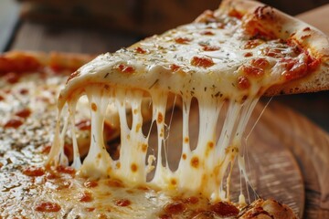 Delicious Pizza with Melting Cheese - Cheesy Pizza Slice, Savory Meal, and Food Photography